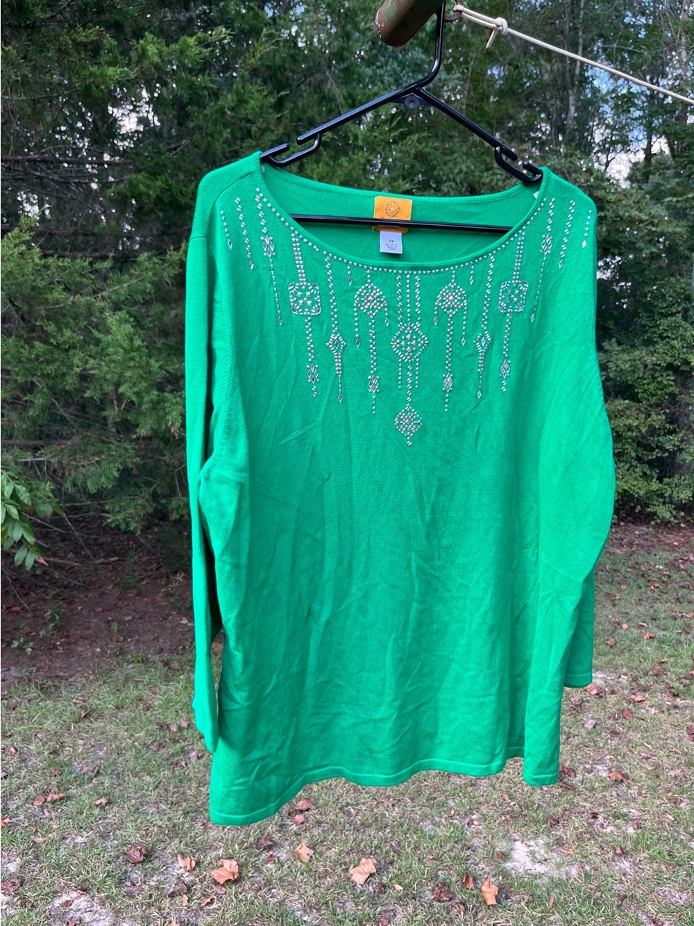 Ruby Rd. Embellished Jewel-Neck Long Sleeve Christmas Top in Bright Green